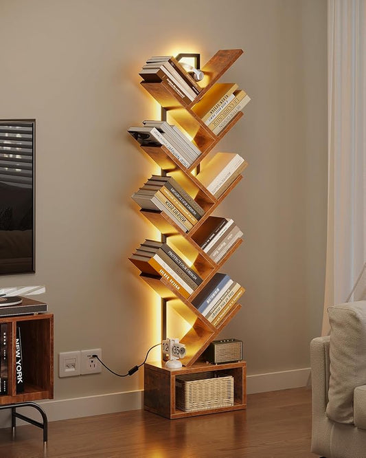 Casaottima Tree Bookshelf with LED Lights, 8-Tier Narrow Bookcase for Small Spaces, Tall Steel & Wood Storage Shelf with Cabinet, Home Decor & Organizer for Living Room/Bedroom/Home Office, Vintage