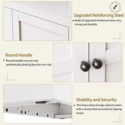 Kitchen Pantry Cabinet, 72" H Storage Cabinet with Glass Doors and Adjustable Shelves, Spacious Cupboard with 2 Handles, Metal Kitchen Cabinet for Dining Room, Living Room, White