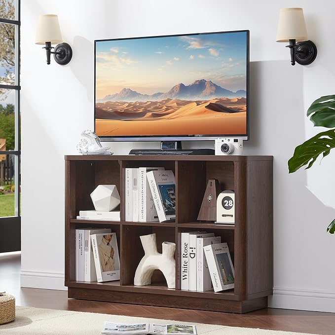 Joaxswe 6 Cube Bookcase, 40" Wide Low Horizontal Book Shelf w/Curved Edge, Wood Floor Standing 2-Tier Bookshelf with Base, Modern Short Storage Organizer for Bedroom,Office, Walnut
