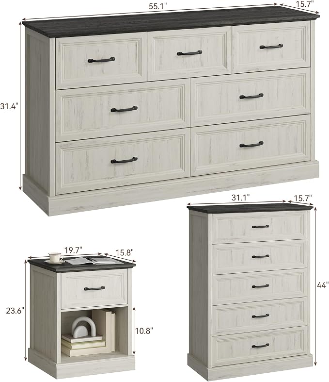 CARPETNAL Farmhouse Dresser and Nightstand Sets for Bedroom, 4 Pcs Bedroom Set, 5 Drawer & 7 Drawer Dresser and Nightstand Set of 2, Wood Chest of Drawers for Living Room, Entryway, White