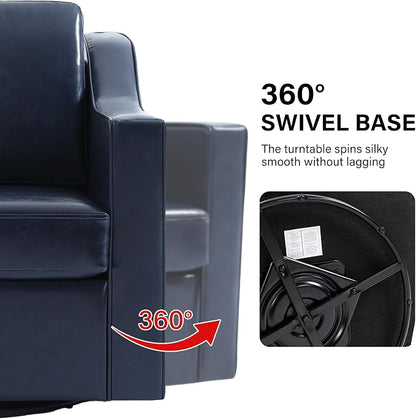 Swivel Accent Chair, Modern Round Barrel Arm Chair for Living Room, Bedroom, Comfy Club Reading Chairs for Adults (Leather Navy Blue, Set of 1)