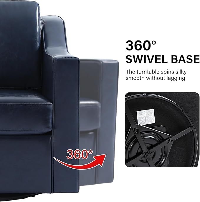 Swivel Accent Chair Set of 2, Modern Round Barrel Arm Chair for Living Room, Bedroom, Comfy Club Reading Chairs for Adults, Leather Navy Blue