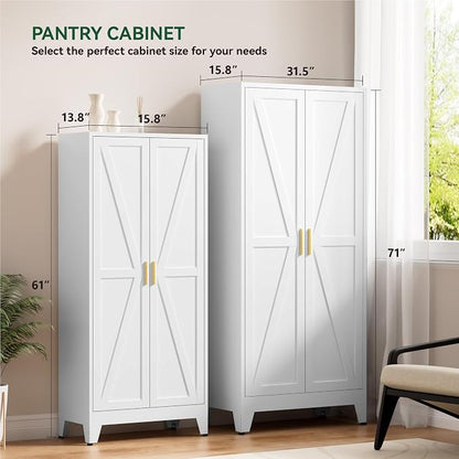Kitchen Pantry Cabinet,71" H x 31.5" W,Metal Farmhouse Storage Cabinet with Adjustable Shelves and Barn Doors,5-Tier Storage Cabinet for Kitchen Dining Room Garage,White 1 Pack