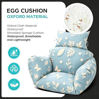 Egg Chair Cushion Replacement, Waterproof Thicken Hanging Egg Swing Chair Cushion for Outdoor Furniture, Wicker Rattan Hammock Basket Cushion with Headrest Pillow 47x31.5x4.7 inch(Blue Butterfly)