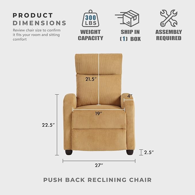 Lexicon Corduroy Pushback Recliner Chair Armchair Push Back Recliner, Solid Wood Frame and Metal Base, Easy Assembly Small Soft Single Sofa Accent Chair for Living Room/Office/Apartment, Yellow