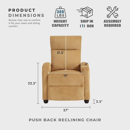 Lexicon Corduroy Pushback Recliner Chair Armchair Push Back Recliner, Solid Wood Frame and Metal Base, Easy Assembly Small Soft Single Sofa Accent Chair for Living Room/Office/Apartment, Yellow