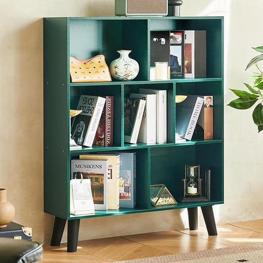 LEYAOYAO Cube Bookshelf 3 Tier Mid-Century Dark Green Modern Bookcase with Legs,Retro Wood Bookshelves Storage Organizer Shelf,Freestanding Open Book Shelves for Bedroom,Living Room,Office