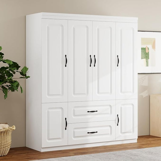 Armoire Wardrobe Closet with 2 Doors, White Cabinet with 2 Drawers and Clothes Storage Organizer, Modern Style with Hanging Rod Shleves Suitable for Bedroom(61.42" W x 20.47" D x 74" H)