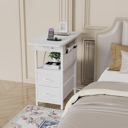 Yenlure Small Side Table with Charging Station, Narrow Nightstand Bedside Tables with Storage Pocket for Living Room Bedroom, Sofa End Table with USB Ports and Power Outlets for Small Spaces