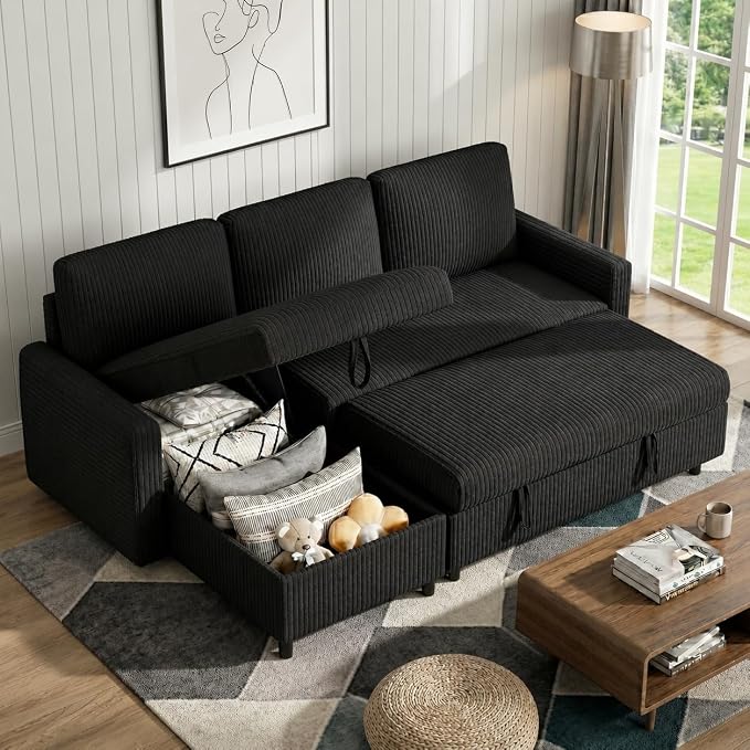 Vongrasig Pull Out Couch with Storage for Small Space, Black Corduroy | 2 in 1 Small Sofa Bed Sleeper Sofa with Storage, 77" L Shaped Convertible Sofa with Storage Chaise for Living Room, Apartment