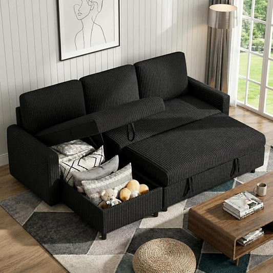 Vongrasig Pull Out Couch with Storage for Small Space, Black Corduroy | 2 in 1 Small Sofa Bed Sleeper Sofa with Storage, 77" L Shaped Convertible Sofa with Storage Chaise for Living Room, Apartment