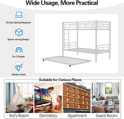 Metal Bunk Bed with Trundle, Space-Saving Bunk Bed Twin Over Twin with Ladders and Safety Guardrail, Heavy Duty Twin Bed Frames, No Box Spring Needed and Noise Free(White)