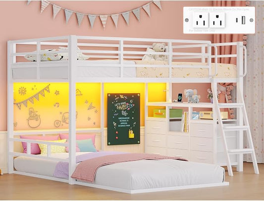 busyaeh Bunk Bed Twin Over Twin,Low Bunk Bed with 8 Drawers & 4 Shelves & 15" H Safety Guardrail,Metal L-Shaped Twin Bunk Bed with LED Lights and Charging Station,Floor Bunk Beds with Ladder,White