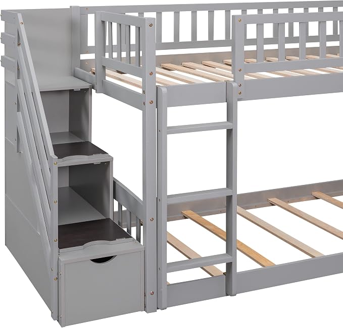 Ball & Cast Twin Over Twin Size Bunk Bed with Two Drawers and Slide,Wood Bunkbed w/Full-Length Guardrails & Storage Convertible Ladder,Space Saving,Slat Support,Bedframe for Child's BedroomGray