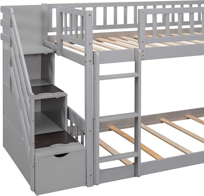 Ball & Cast Twin Over Twin Size Bunk Bed with Two Drawers and Slide,Wood Bunkbed w/Full-Length Guardrails & Storage Convertible Ladder,Space Saving,Slat Support,Bedframe for Child's BedroomGray