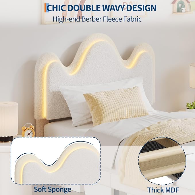 IDEALHOUSE Twin Bed Frame with LED Headboard and Under-Bed Drawer, Metal Upholstered Platform Bed with LED Light for Kids, Girls, Lamb Fleece Fabric, Wooden Slats Support, No Box Spring Needed, White