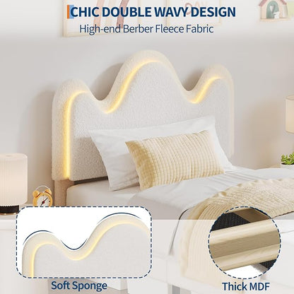 IDEALHOUSE Twin Bed Frame with LED Headboard and Under-Bed Drawer, Metal Upholstered Platform Bed with LED Light for Kids, Girls, Lamb Fleece Fabric, Wooden Slats Support, No Box Spring Needed, White