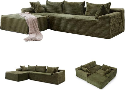 Korser 108" L-Shaped Modular Sectional Sofa with Chaise, Boneless Comfy Corduroy Fluffy Couch with Deep Seat and Side Pockets, Flexible Module Combination for Living Room, No Assembly, Side Pockets