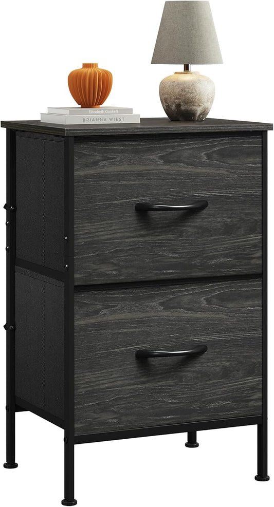 WLIVE Nightstand, Nightstand with 2 Drawers, Bedside Furniture, Night Stand, Small Dresser for Bedroom, College Dorm, End Table with Fabric Bins, Dormitory, Charcoal Black Wood Grain Print