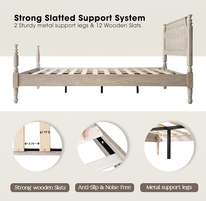 Solid Wood King Size Platform Bed Frame with Headboard & Footboard, 12 Sturdy Slats Base, Center Metal Legs, Noise-Free, No Box Spring Needed, Easy Assembly, Driftwood Gray Oak Finish, ROK-33