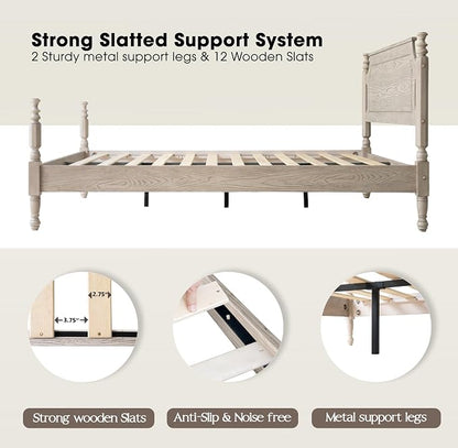 Solid Wood King Size Platform Bed Frame with Headboard & Footboard, 12 Sturdy Slats Base, Center Metal Legs, Noise-Free, No Box Spring Needed, Easy Assembly, Driftwood Gray Oak Finish, ROK-33