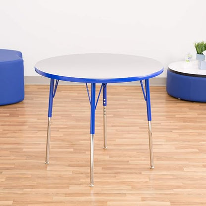 Norwood Commercial Furniture Adjustable Height Classroom Activity Table for Kids & Adults, Round Activity Table for School and Home, 36" D x 36" W x 30" H, Gray/Blue