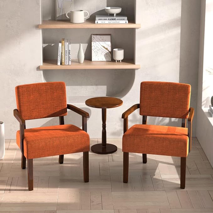 FAGAGA Accent Chair Set of 2 with Table, Upholstered Living Room Chairs with Wood Frame, Modern Oversized Reading Armchair for Bedroom Waiting Room (Orange)