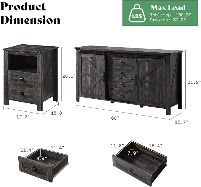 AMERLIFE 5-Piece Farmhouse Bedroom Furniture Set, Dresser & Nightstand Set of 2 with Storage Cabinet & Sideboard, Sliding Barn Door Wood Bedroom Set for Bedroom/Living Room, Black Oak