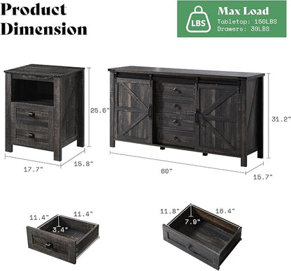 AMERLIFE 5-Piece Farmhouse Bedroom Furniture Set, Dresser & Nightstand Set of 2 with Storage Cabinet & Sideboard, Sliding Barn Door Wood Bedroom Set for Bedroom/Living Room, Black Oak