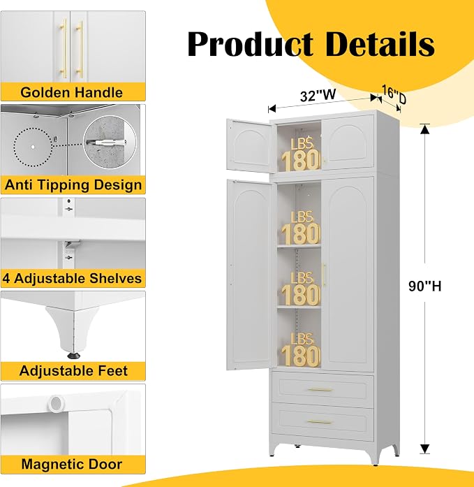 SteeLoong Kitchen Pantry Cabinet，90" Storage Cabinets with Doors and Shelves,Metal Pantry Cabinet with 2 Drawers,White Kitchen Cupboard for Livingroom,Pantry, Bathroom
