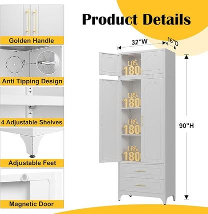 SteeLoong Kitchen Pantry Cabinet，90" Storage Cabinets with Doors and Shelves,Metal Pantry Cabinet with 2 Drawers,White Kitchen Cupboard for Livingroom,Pantry, Bathroom