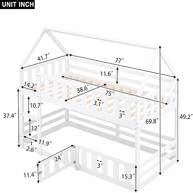 SOFTSEA Bunk Bed Twin Over Twin, Solid Wood House Bunk Bed Frame with Ladder, Door & Safety Guardrails, Floor Bunk Beds for Kids, Noise Free, Easy Assembly, White