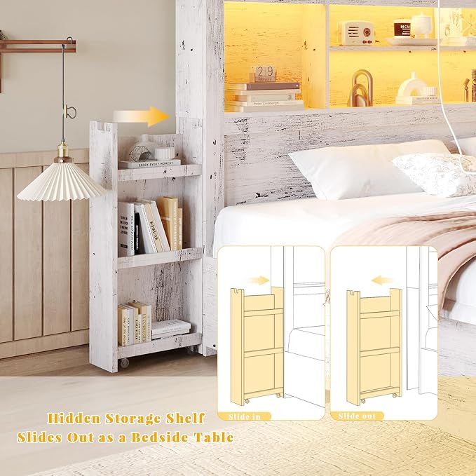 LUXOAK Full Bed Frame with 49.6" Bookcase Headboard & 2 Detachable Bedside Stoage Racks & 4 Drawers, Farmhouse Wood Bed Frame with RGB LED & Charging Station, No Box Spring Needed, Distressed White