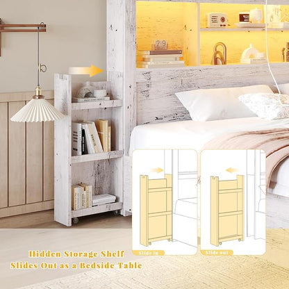 LUXOAK Queen Bed Frame with 49.6" Bookcase Headboard & 4 Drawers & 2 Detachable Bedside Stoage Racks, Farmhouse Wood Bed Frame with RGB LED & Charging Station, No Box Spring Needed, Distressed White