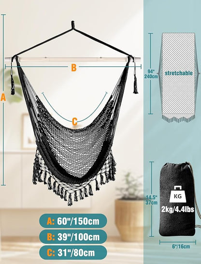 Chihee Hammock Chair Handmade Hanging Chair Cotton Rope Woven Hanging Seat Soft-Spun Large Stretch Hammock Swing, Collapsible Strong Metal Spreader Bar Elegant Macrame Comfort Indoor Outdoor Garden