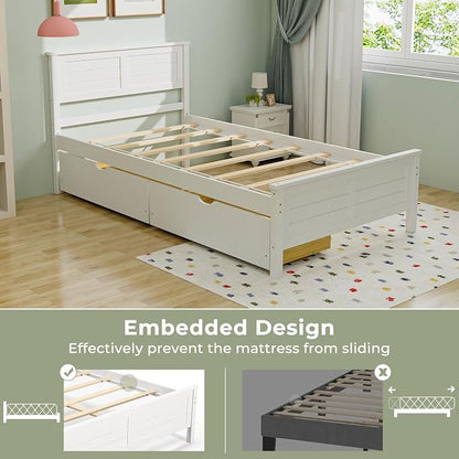 Giantex Wood Twin Bed with 2 Storage Drawers, Solid Wood Platform Bed with Headboard, Wooden Slats Support Mattress Foundation, No Spring Needed, Twin Bed Frame for Kids, Teens, Adults, White