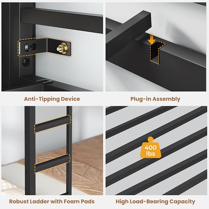 VIAGDO Bunk Bed Twin Over Twin with 8 Storage Drawers and Power Outlets, LED Twin Bunk Beds with Hall Tree and Shelves, Metal Bunk Beds with Safety Guardrail & Ladder for Dorms, Kids, Black