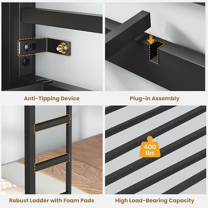 VIAGDO Bunk Bed Twin Over Twin with 8 Storage Drawers and Power Outlets, LED Twin Bunk Beds with Hall Tree and Shelves, Metal Bunk Beds with Safety Guardrail & Ladder for Dorms, Kids, Black