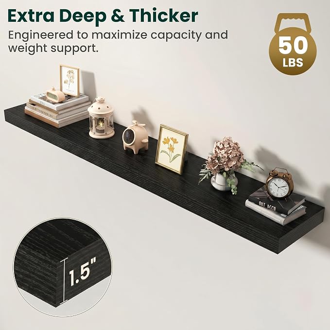 Floating Shelves for Wall, 55 Inch x 8 Inch Deep Wall Mounted Wood Shelf with Invisible Brackets for Storage & Display, Living Room Bedroom Kitchen, Black, Set of 2
