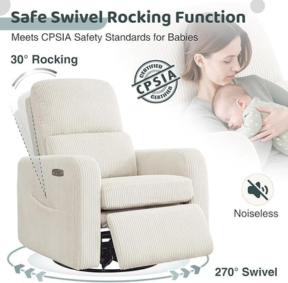 Swivel Rocker Recliner, Oversized Power Recliner Glider with Removable Cushion, Upholstered Corduroy Swivel Reclining Nursery Chairs for Living Room Bedroom, Cream White