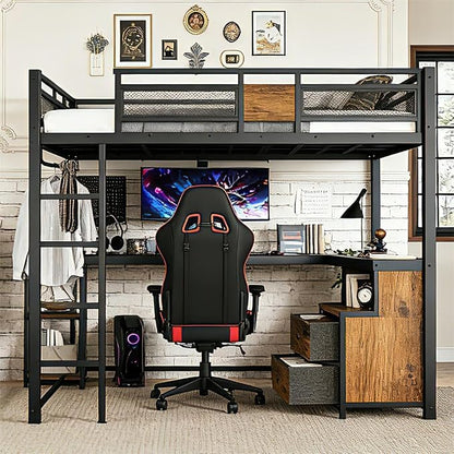Bellemave Queen Loft Bed with Desk & Storage Fabric Drawers & Shelves, Heavy Duty Metal Frame Loft Bed for Adults & Teens, Space Saving Bed for Apartments & Dorm, No Box Spring Needed, Black