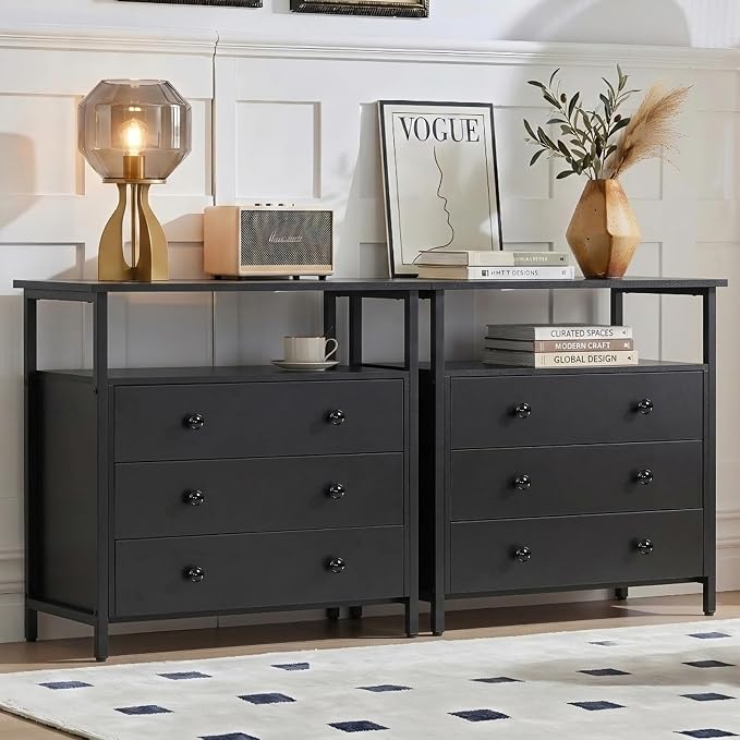 Edbuosy 3 Wooden Drawers Night Stand, 27 Inch Wide Nightstand Set 2 with Charging Station and Adjustable Drawers, Small Dresser for Closet, Bedside Table for Living Room/Bedroom/Office, Black
