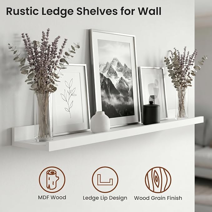 Axeman Picture Ledge Shelf | 40 Inch Floating Shelves Set of 4 | White Wall Shelves with Lip | White Picture Shelf for Wall with Ledge | Wood Photo Ledges for Living Room Bedroom