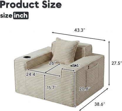 Boneless Sofa Couch with Cup Holders & Side Pockets, Modern Corduroy Fabric Deep Seat Single Cloud Couch for Reading Living Room Office, No Assembly (Camel)