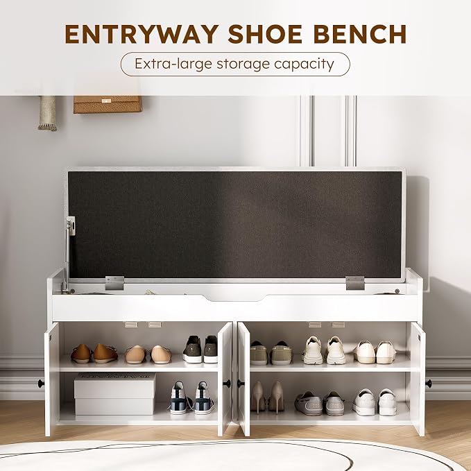 47.2" Storage Bench - Entryway Shoe Bench with 4 Doors and Top Storage Area, Multifunctional Entryway Bench with Lift Top Cushion, Shoe Storage Bench for Bedroom, Living Room, White