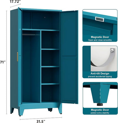 Washsemba 71'' Farmhouse Metal Wardrobe Cabinet with Hanging Rod, 2 Barn Door Wardrobe Closet with 5 Adjustable Shelves,Drawer,for Dining Room,Bedroom,Living Room, Cloak Room,Office (Peacock Blue)