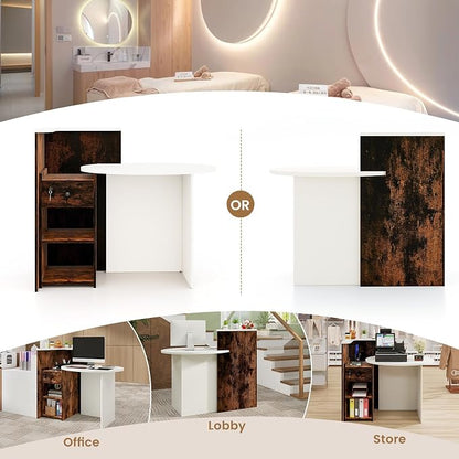 Reception Desk, Retail Checkout Counter w/Lockable Drawer & Open Shelves, Computer Workstation, Small Front Desk Reception Counter for Company Lobby Store Salon Office (White & Rustic Brown)