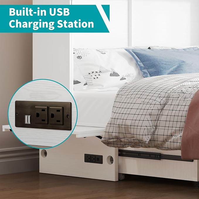 BALUS Queen Murphy Bed with Mattress, Cabinet Bed with Mattress & USB Charging Ports & Storage Drawers, Space-Saving Chest Murphy Beds, Hidden Cabinet Beds for Bedroom, Office - White