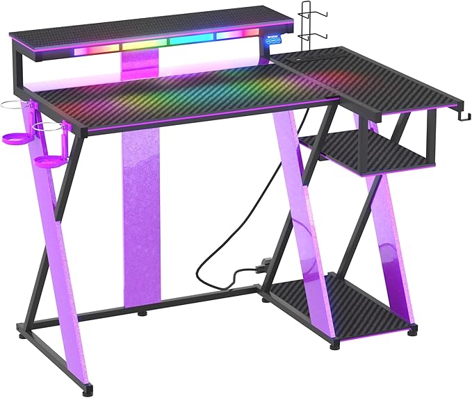 Bestier Computer Desk with Music Sync Light, Flow Vibe Corner Gaming Desk with Monitor Stand and PS5 Storage Shelves, Cup Holders, and Headset Hooks for Bedroom Small Space (Black Purple, 42 Inch)
