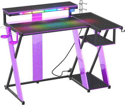 Bestier Computer Desk with Music Sync Light, Flow Vibe Corner Gaming Desk with Monitor Stand and PS5 Storage Shelves, Cup Holders, and Headset Hooks for Bedroom Small Space (Black Purple, 42 Inch)